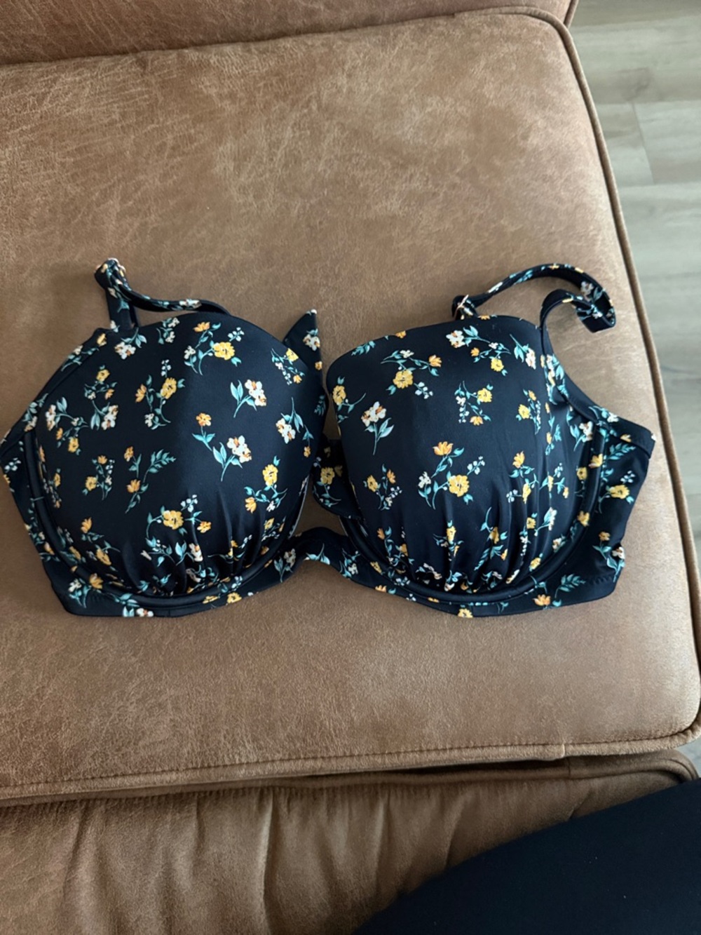 Shade & Shore Black Floral Padded Bikini Top with Yellow & White Blooms